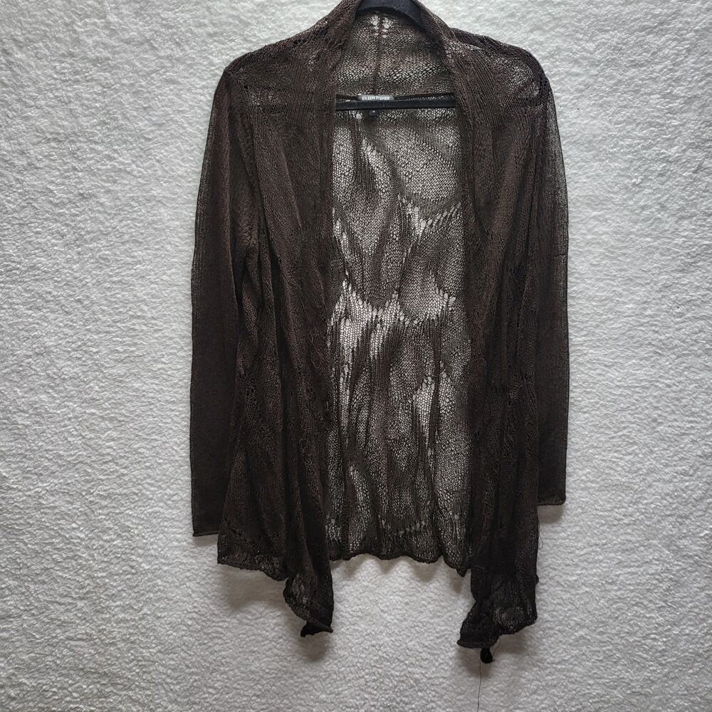 EILEEN FISHER Women's M Brown Sheer Open Front Cardigan Lightweight Mesh